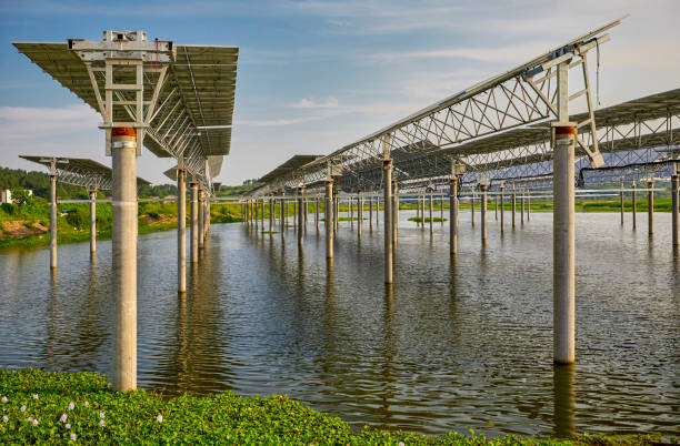 Lake solar photovoltaic panel under construction