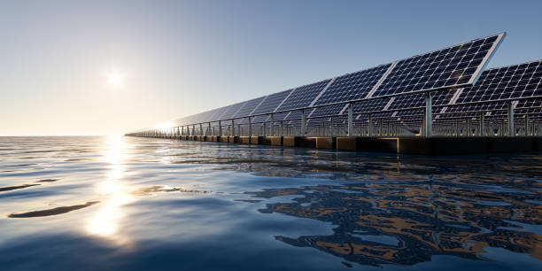 3d rendering of floating solar, floatovoltaics or solar farm consist of photovoltaic cell on panel, pontoon, water. System technology for electric, electricity generation. Clean and green power energy