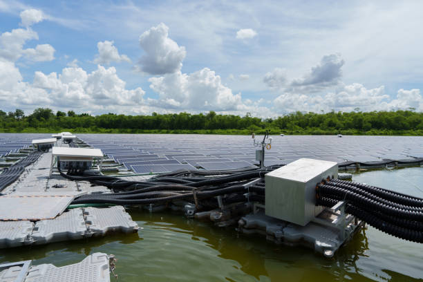 Power panels for green energy. Floating solar panels or solar cell Platform system on the lake. Floating solar panels or solar cell Platform on the water. Alternative renewable energy.